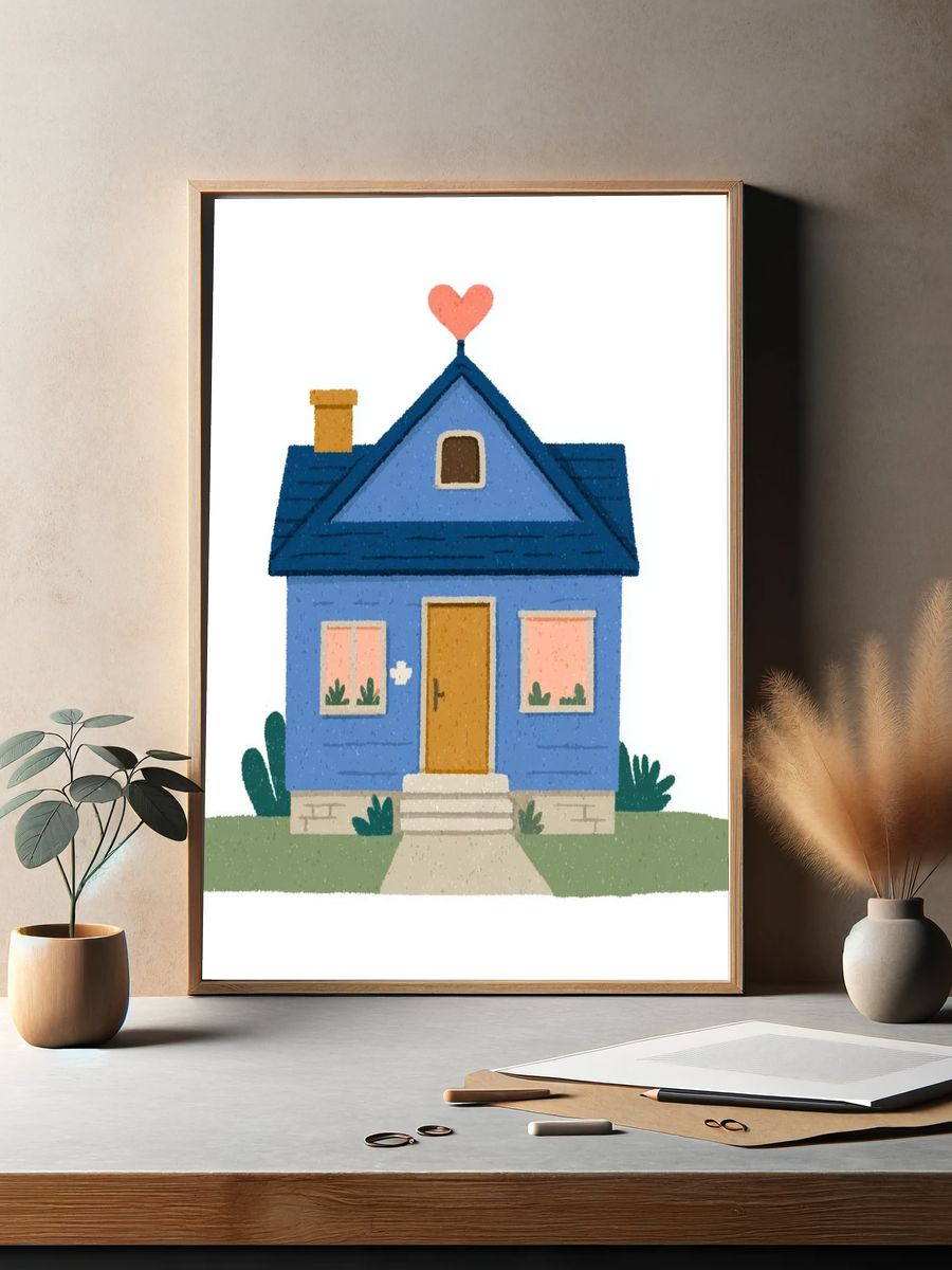 Blue House with Heart Roof Poster. — room view 2