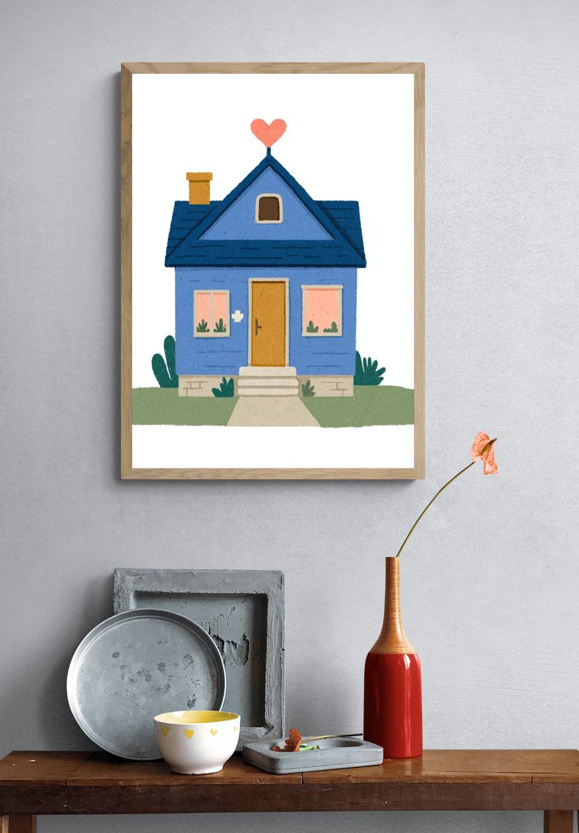 Blue House with Heart Roof Poster. — room view 3