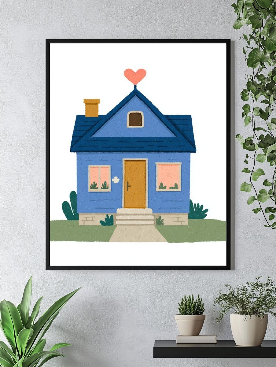 Blue House with Heart Roof Poster. — room view 4