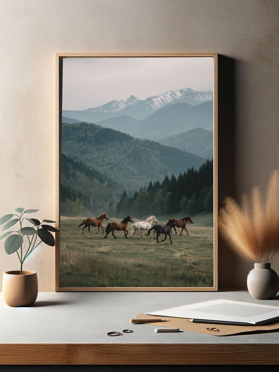 Horses Running in the Mountains — Nature Print. — room view 2