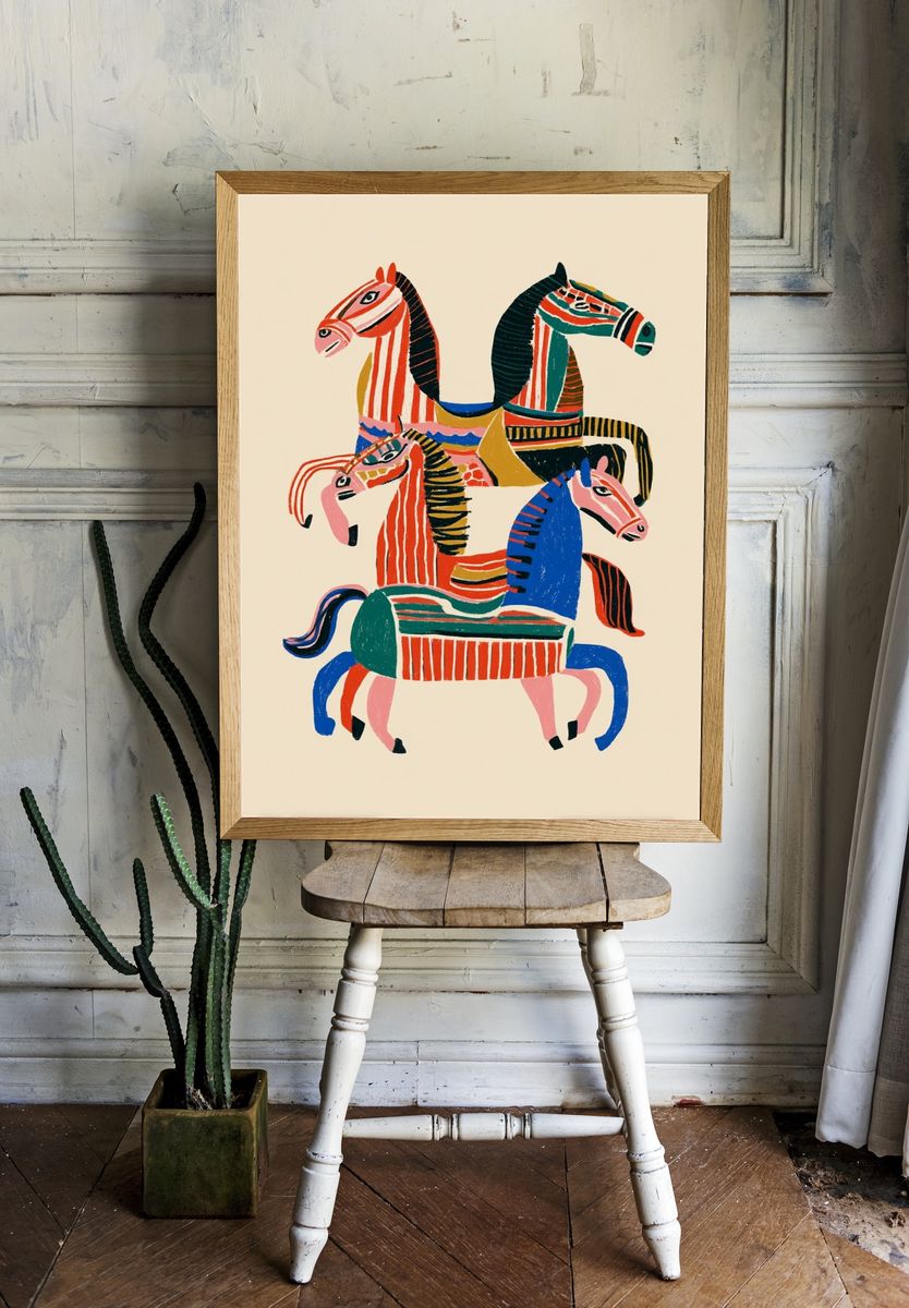Colorful Horses Illustration Poster. — room view 1