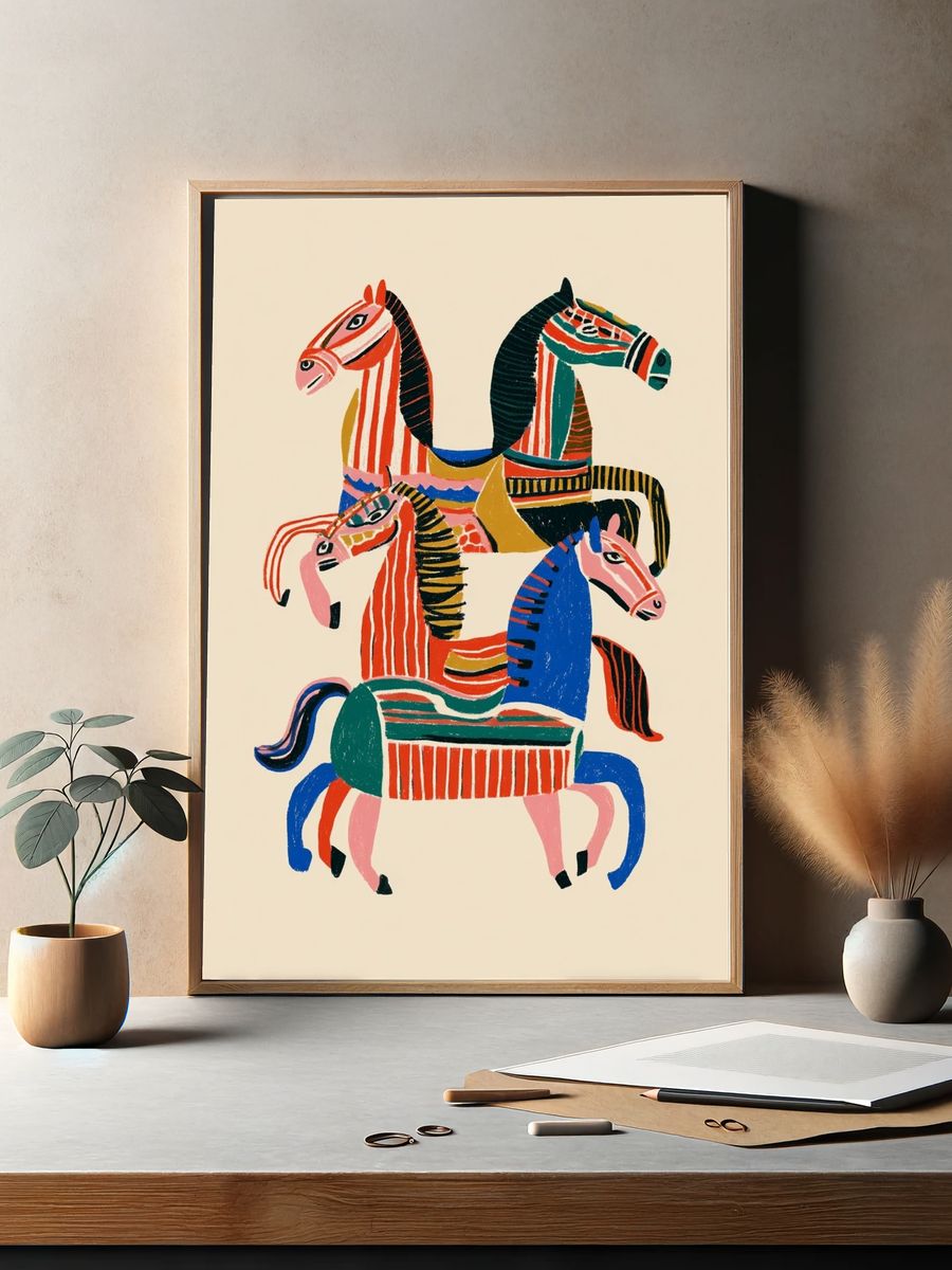 Colorful Horses Illustration Poster. — room view 2