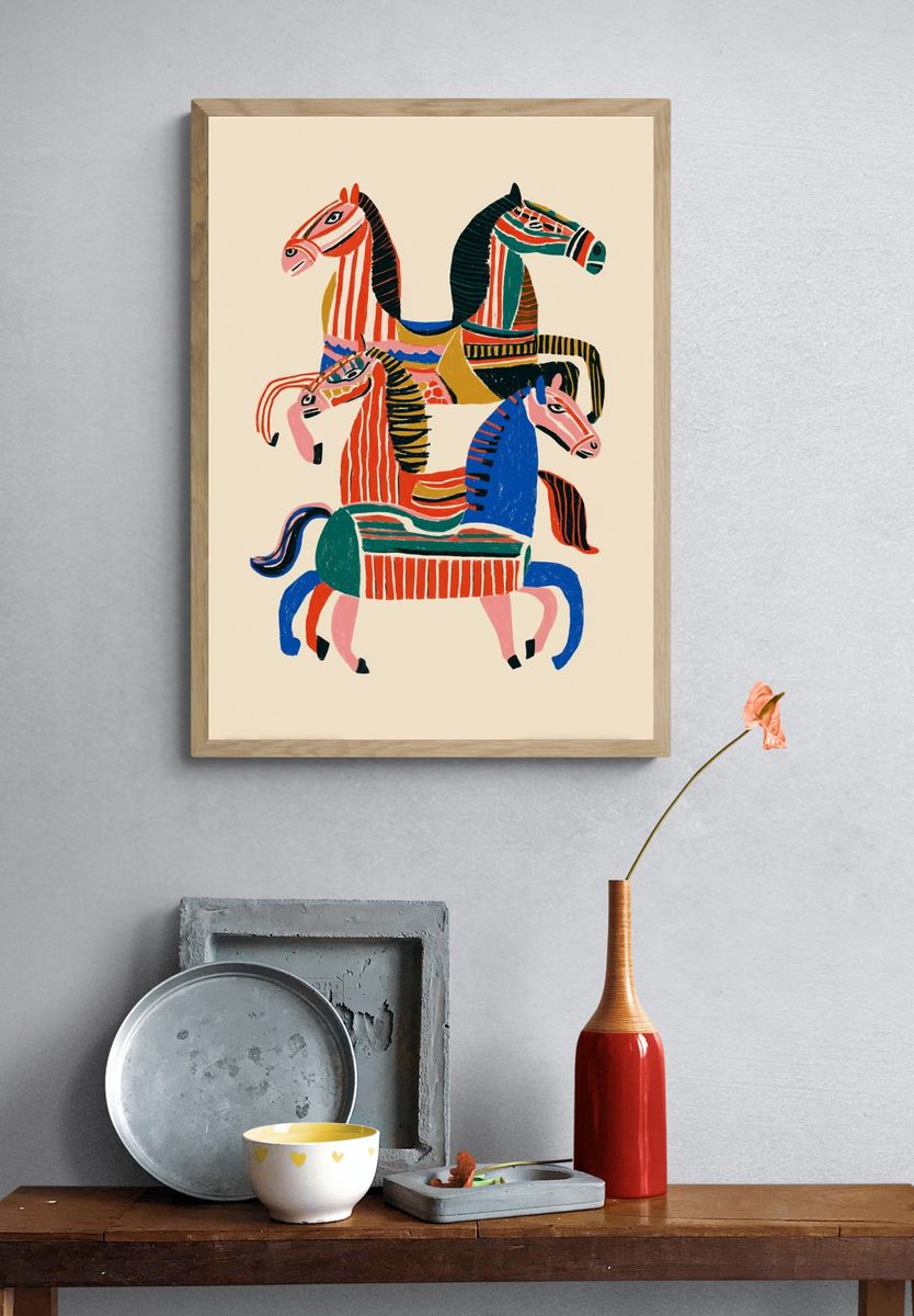 Colorful Horses Illustration Poster. — room view 3
