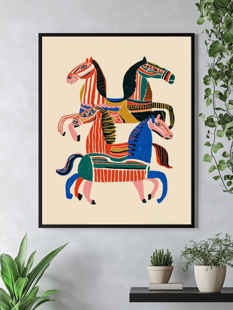 Colorful Horses Illustration Poster. — room view 4