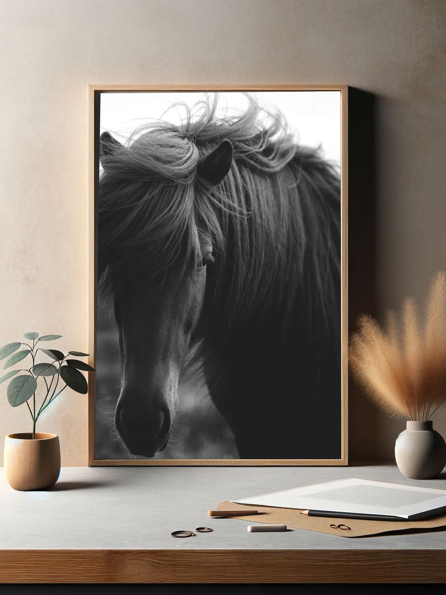 Horse in a field grayscale. — room view 2