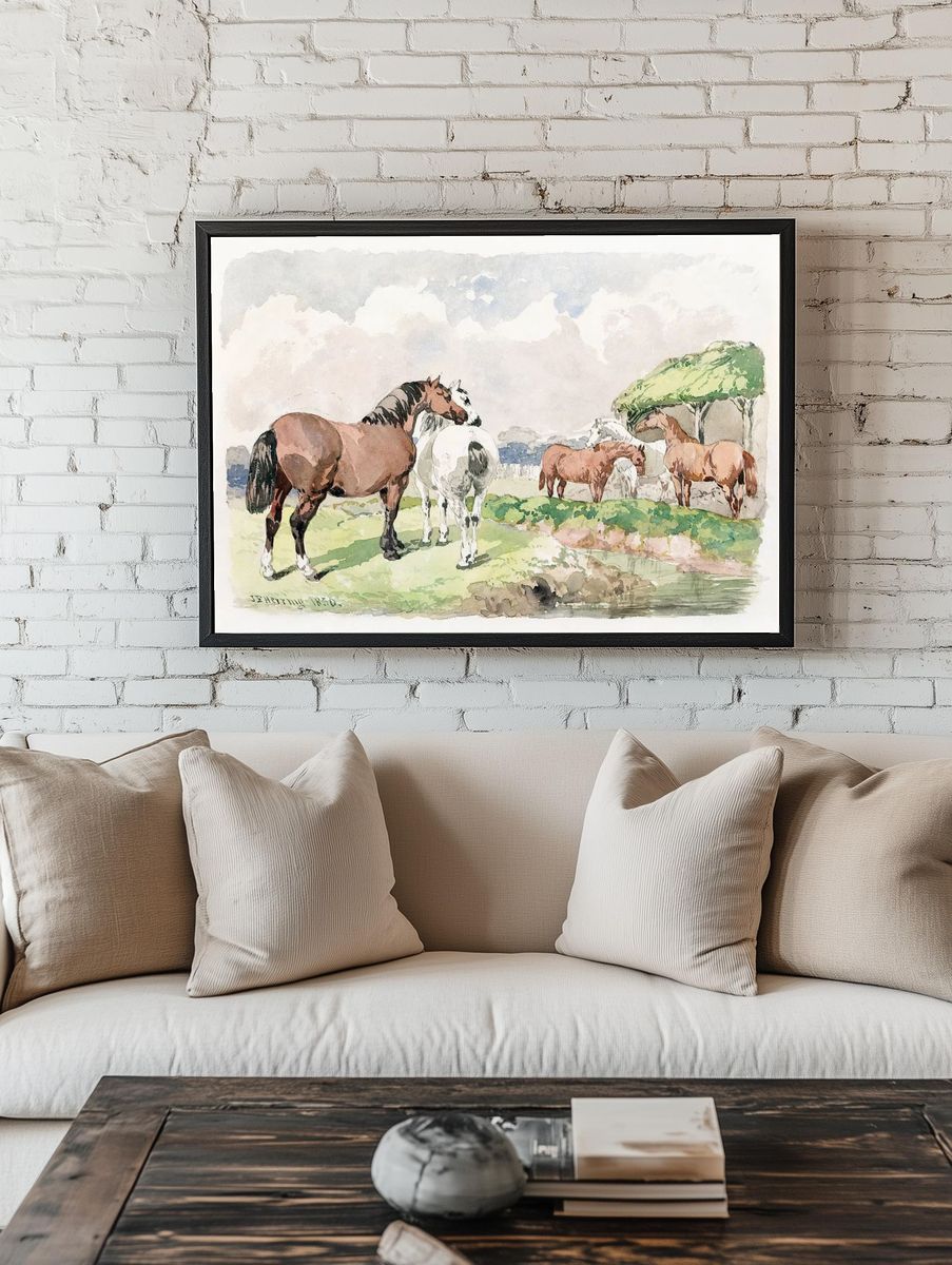 Horses in Pastoral Landscape — Watercolor Print. — room view 1