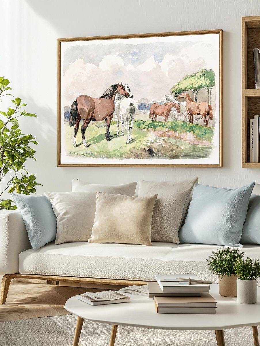 Horses in Pastoral Landscape — Watercolor Print. — room view 2