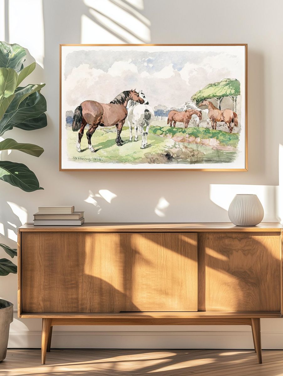 Horses in Pastoral Landscape — Watercolor Print. — room view 3