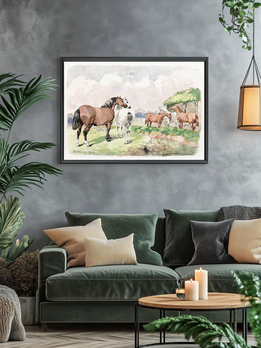 Horses in Pastoral Landscape — Watercolor Print. — room view 4