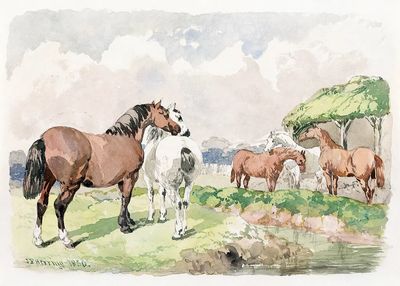 Horses in Pastoral Landscape — Watercolor Print. poster print