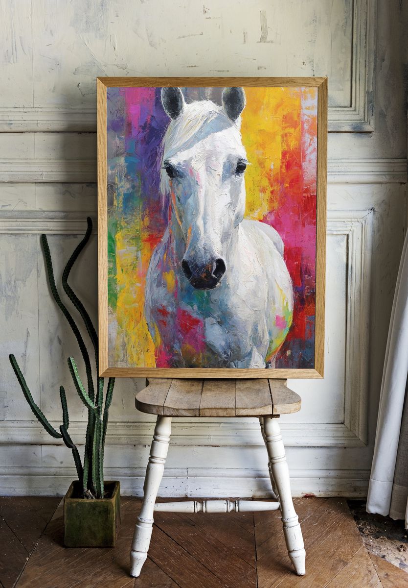 Majestic White Horse — Colorful Art Print. — room view 1