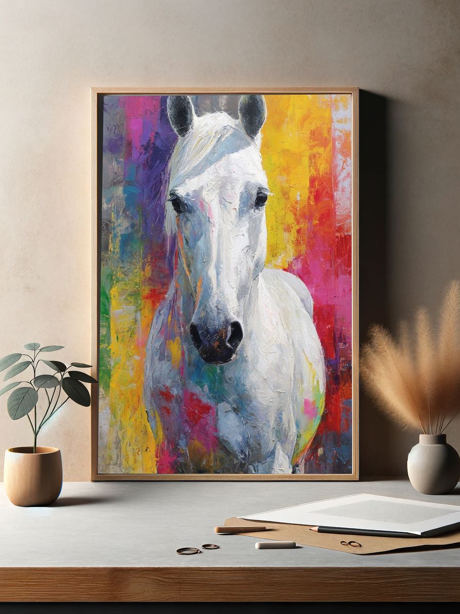 Majestic White Horse — Colorful Art Print. — room view 2