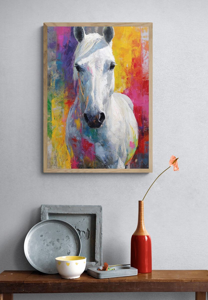Majestic White Horse — Colorful Art Print. — room view 3