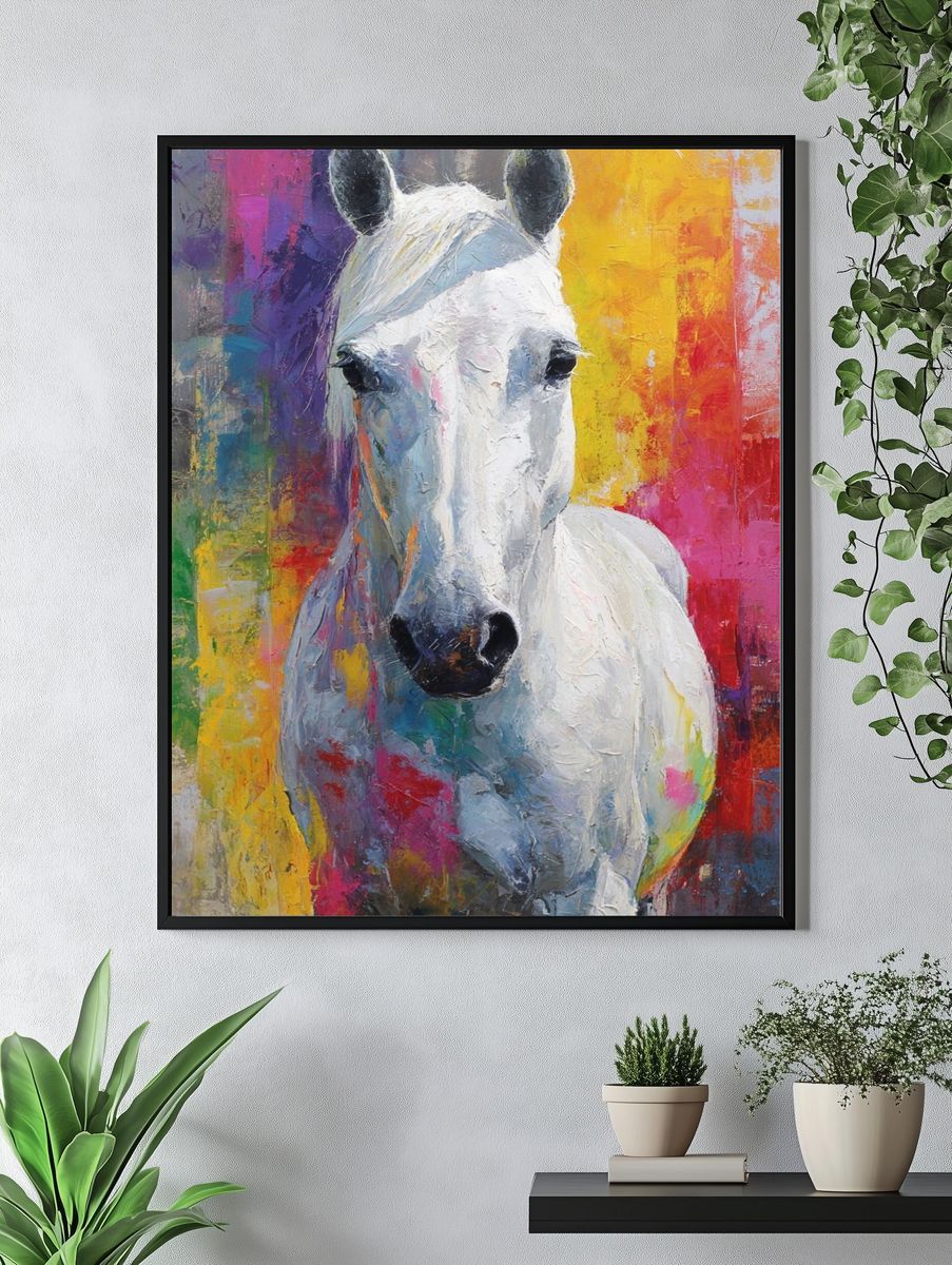 Majestic White Horse — Colorful Art Print. — room view 4