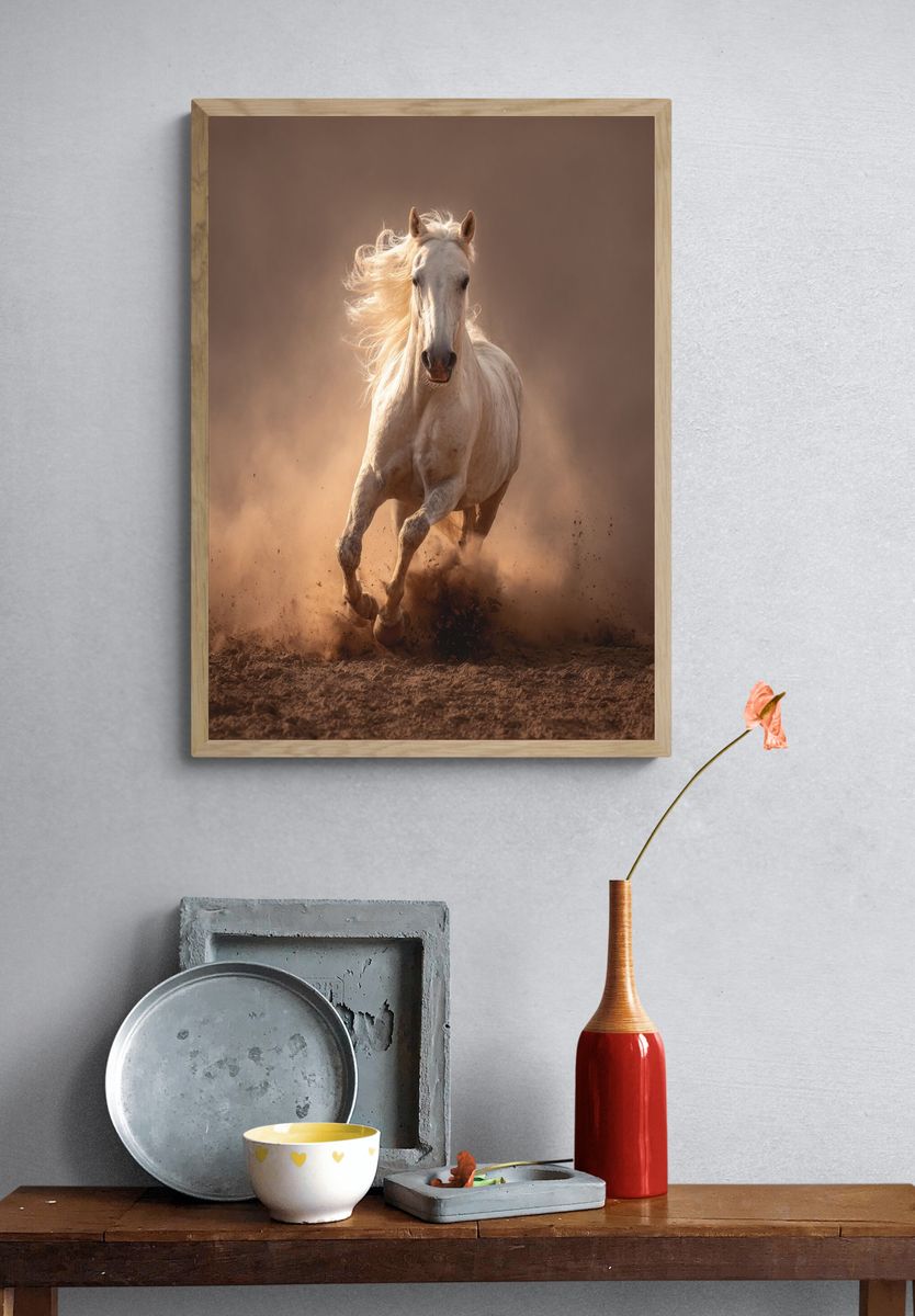 Running White Horse Photography Poster. — room view 3