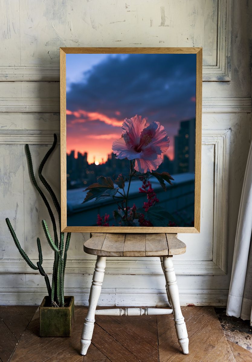 Hibiscus Sunset Cityscape Poster. — room view 1
