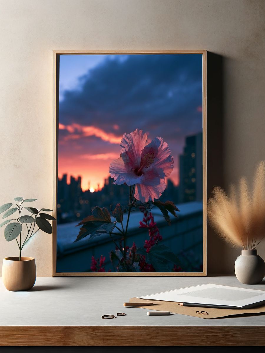 Hibiscus Sunset Cityscape Poster. — room view 2