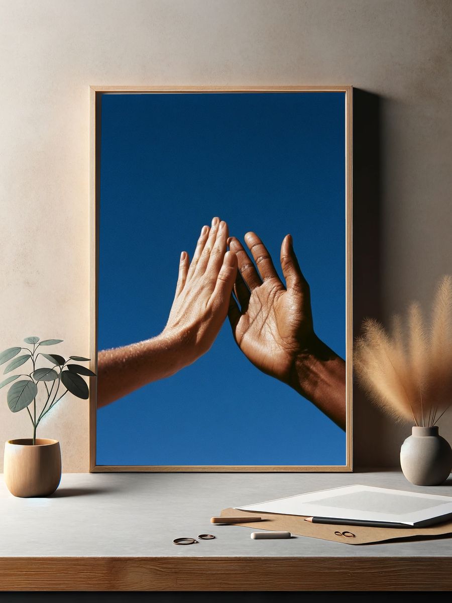 Hands Against Blue Sky Photography Poster. — room view 2