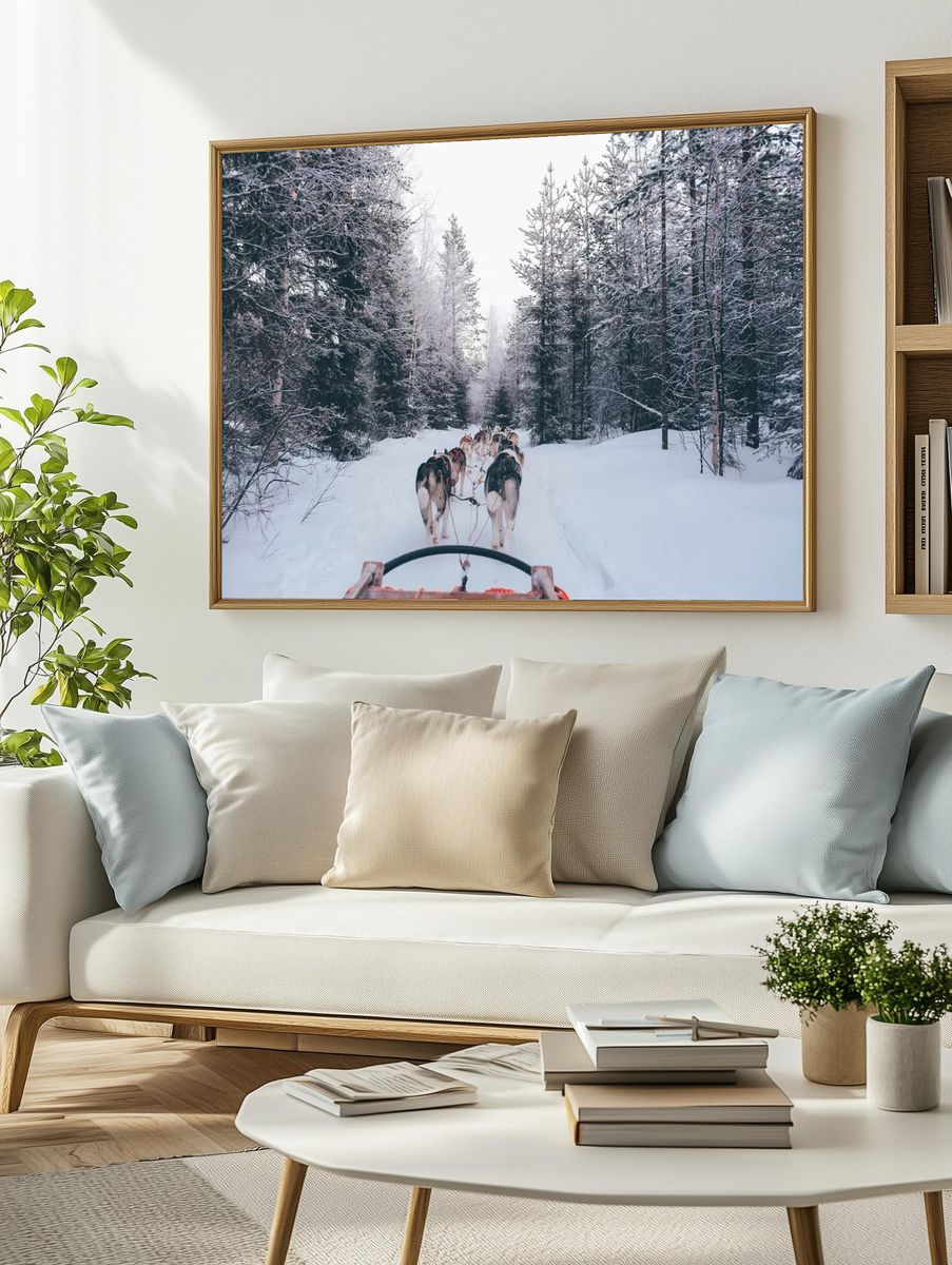 Husky Sledding in Winter Forest Poster. — room view 2