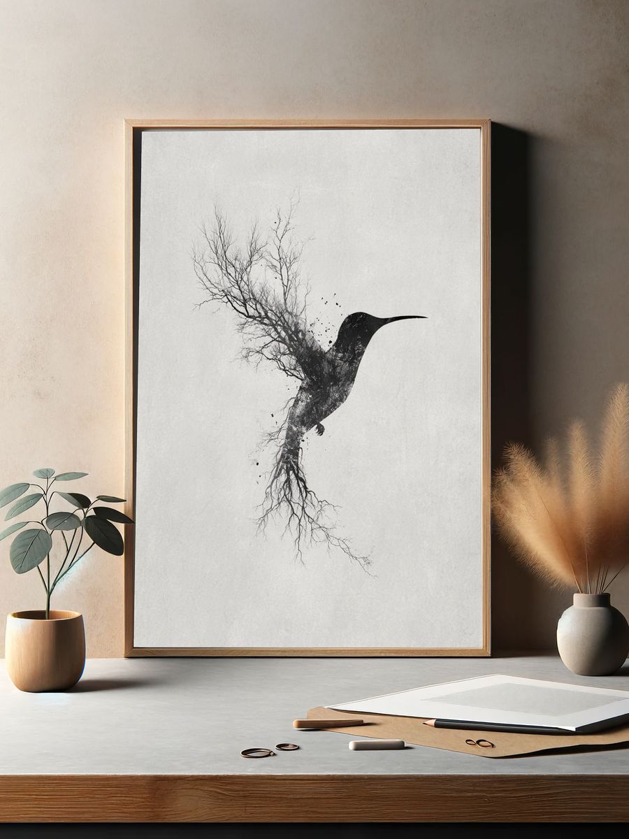 Hummingbird Tree Silhouette Print. — room view 2