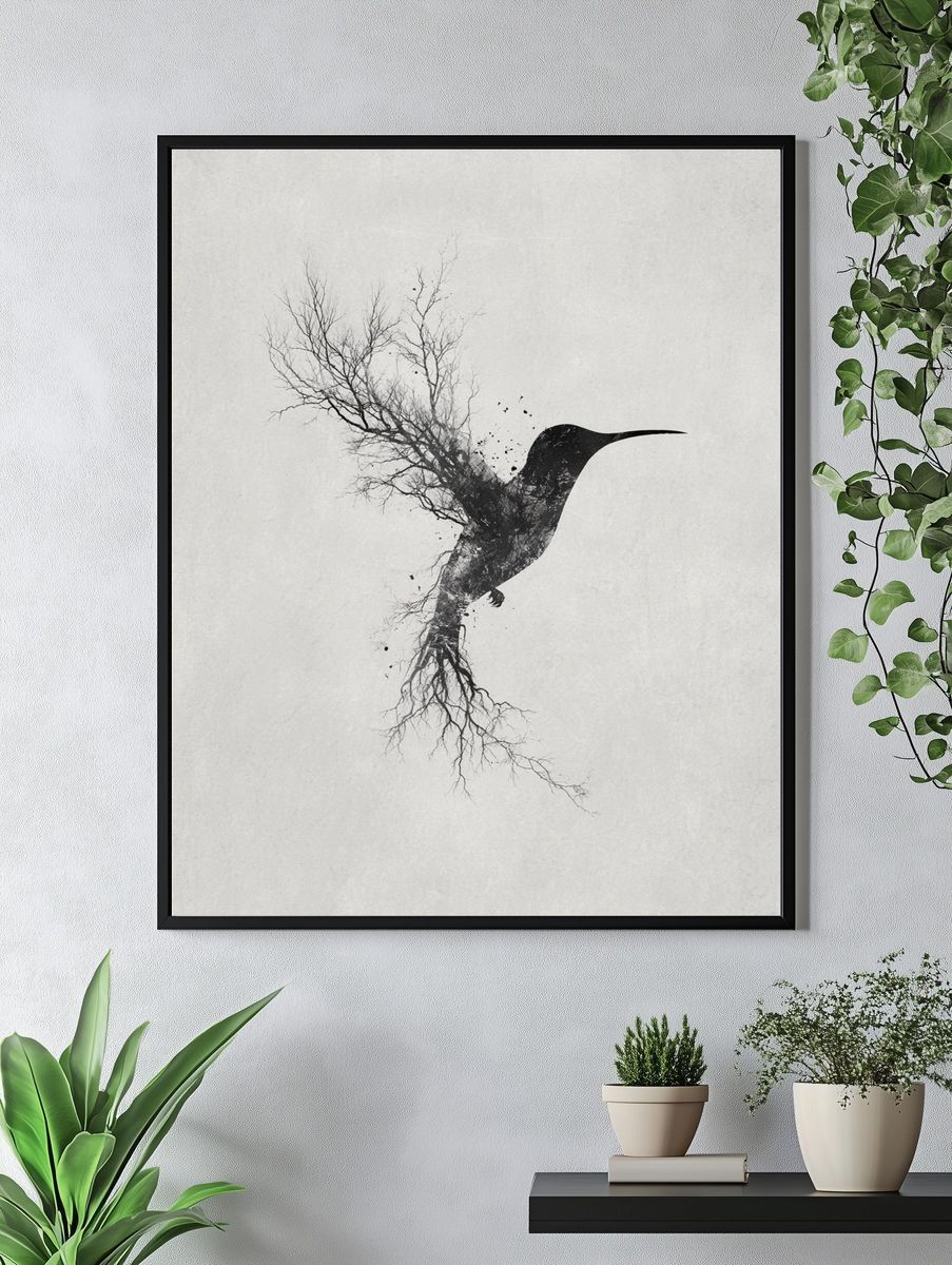 Hummingbird Tree Silhouette Print. — room view 4