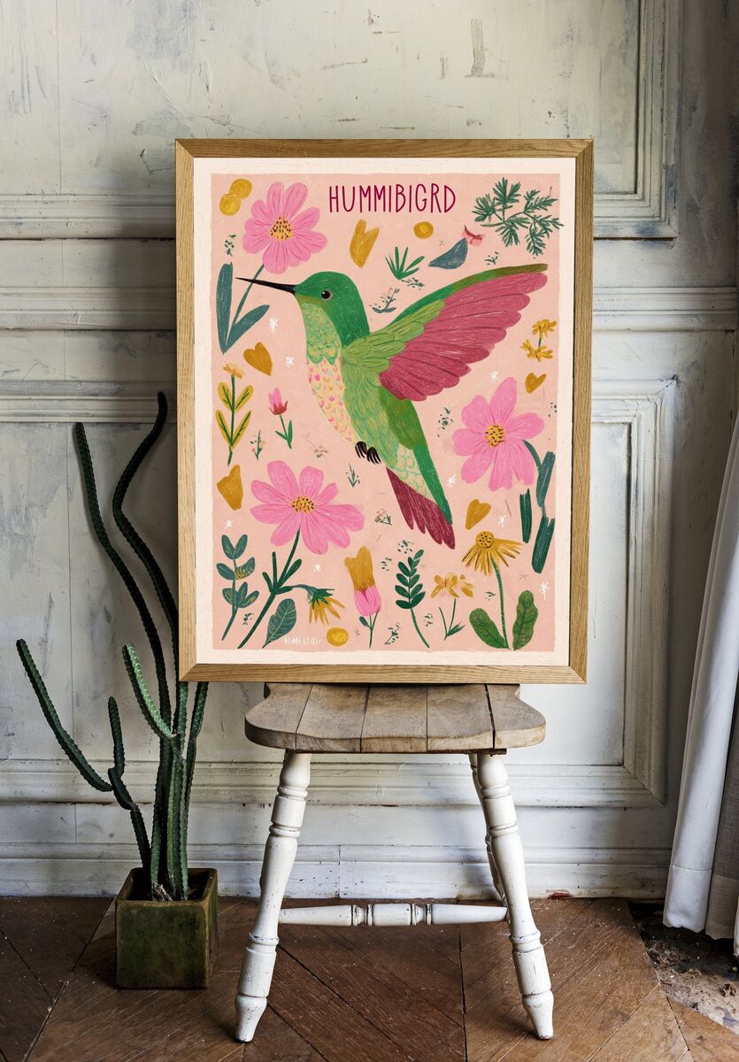 Hummingbird Botanical Illustration Poster. — room view 1