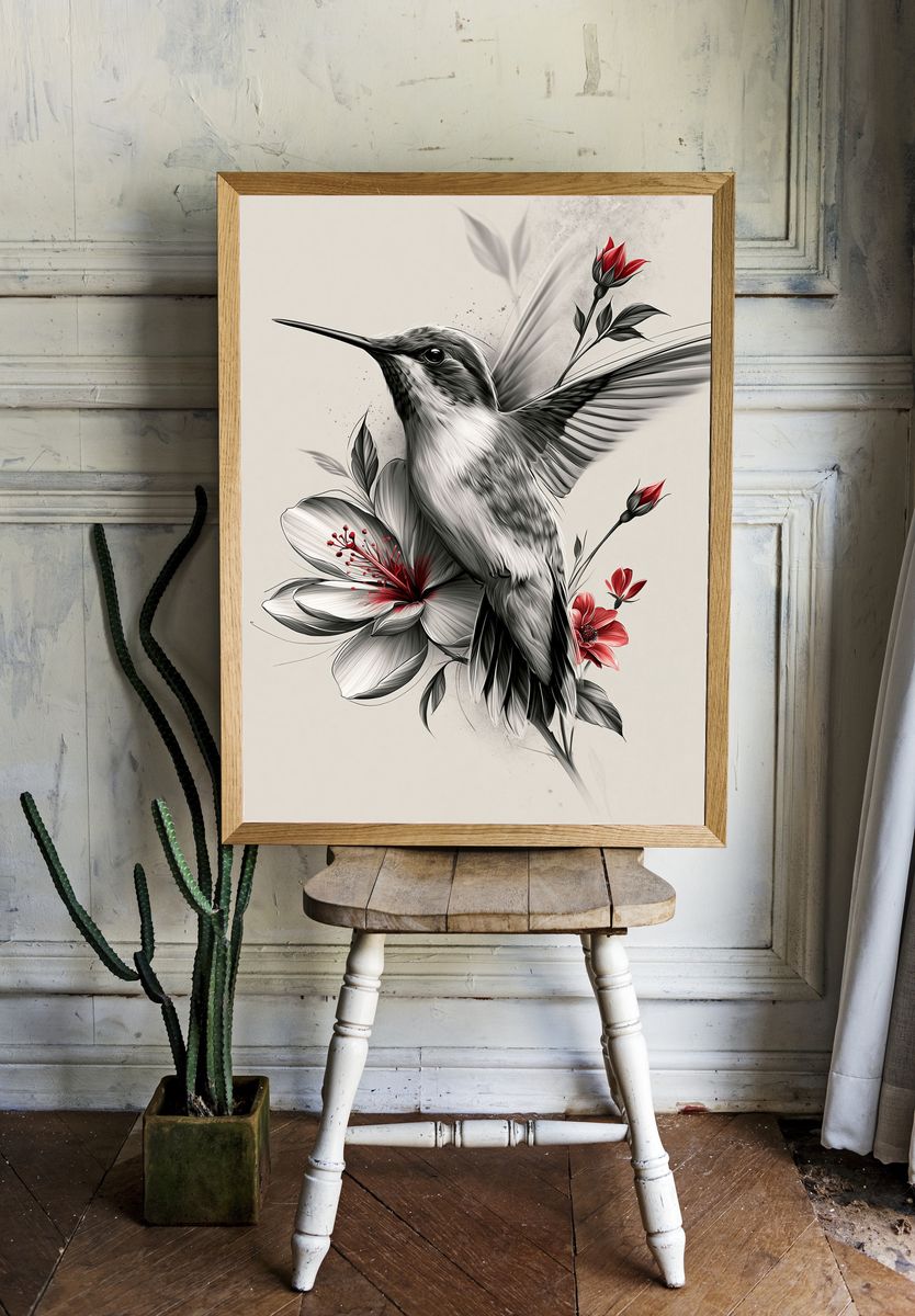 Hummingbird and Hibiscus Illustration Poster. room preview