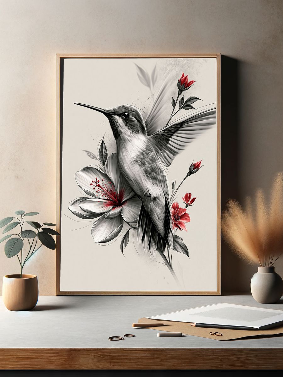Hummingbird and Hibiscus Illustration Poster. — room view 2