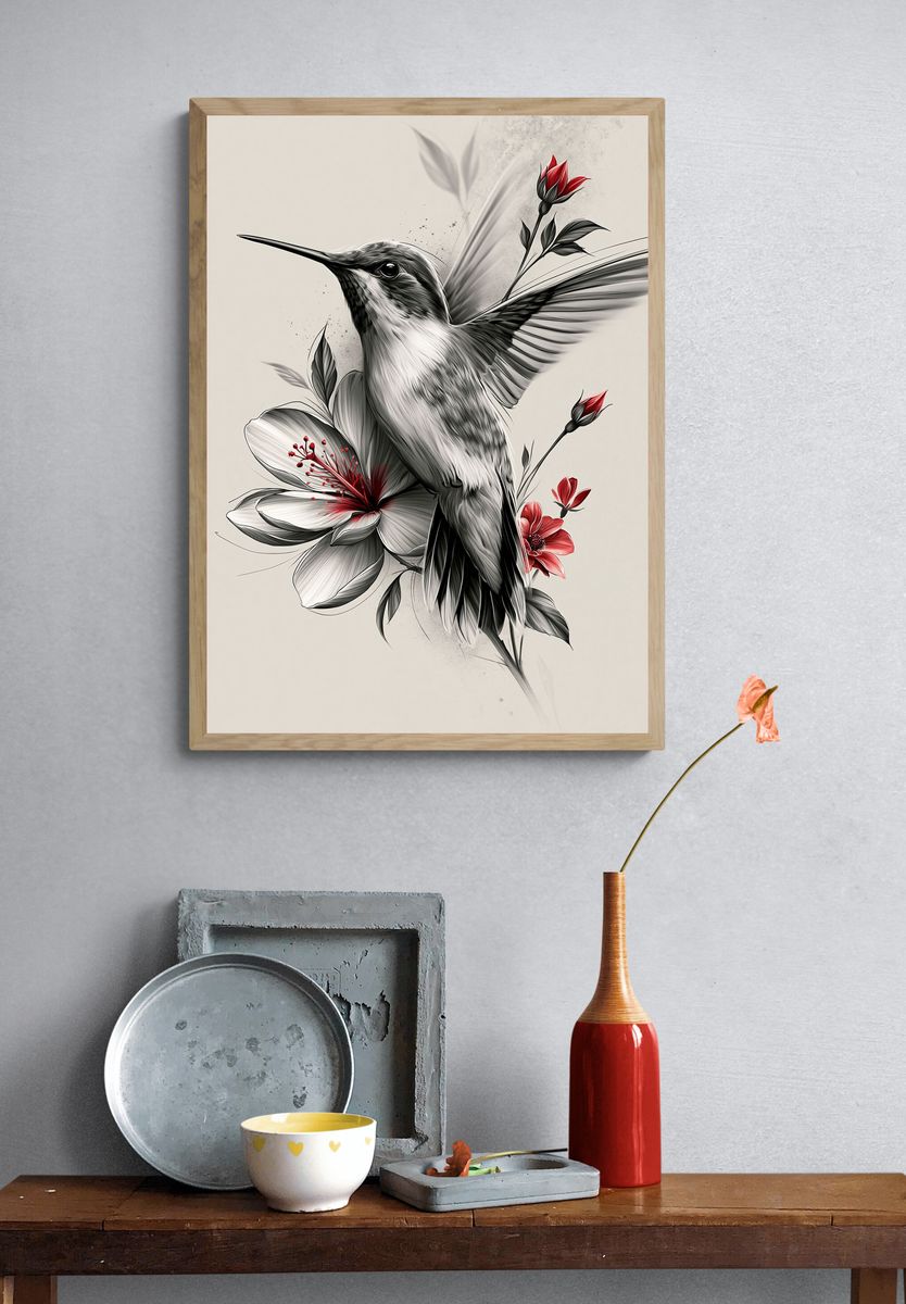 Hummingbird and Hibiscus Illustration Poster. — room view 3