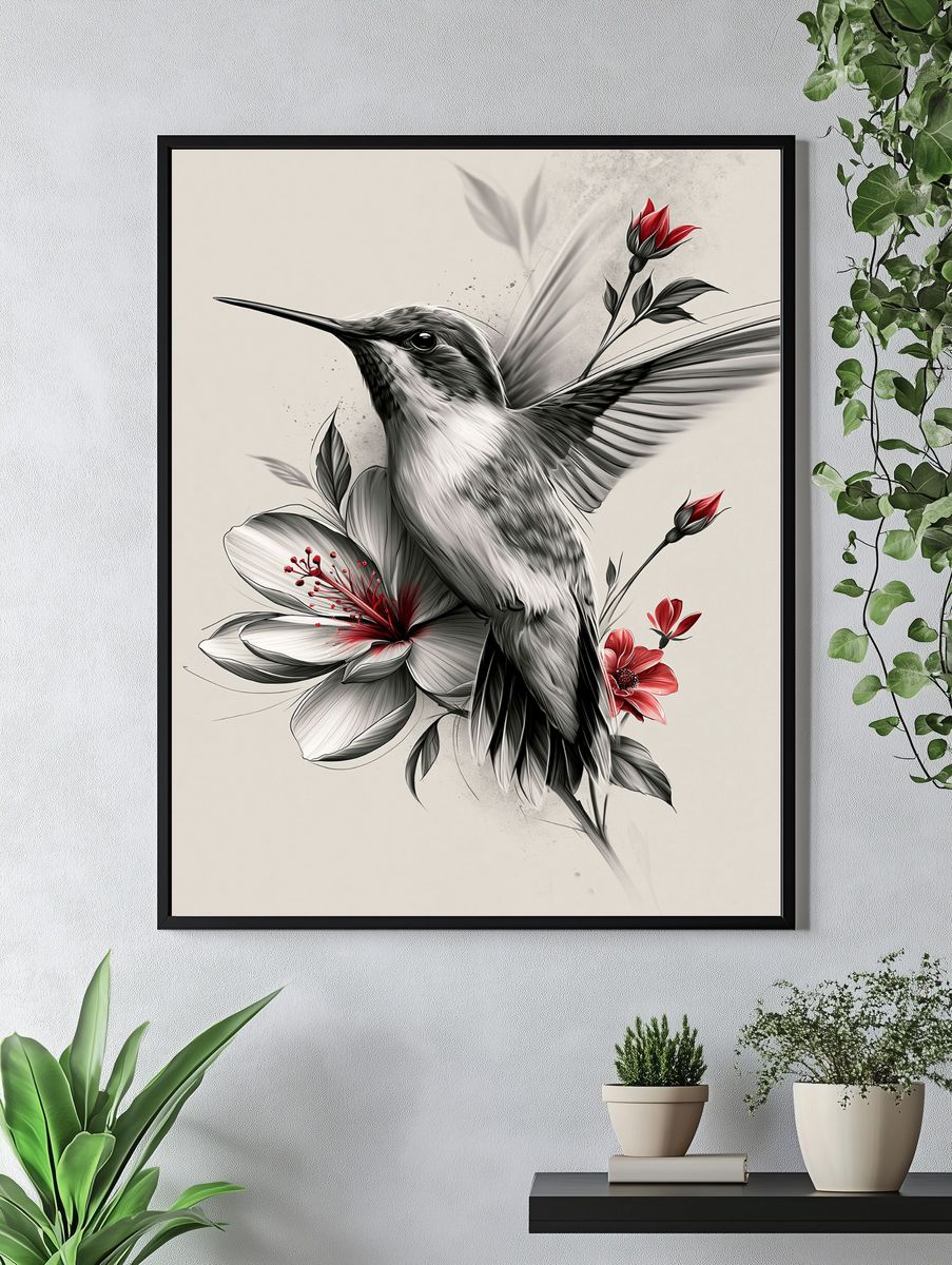 Hummingbird and Hibiscus Illustration Poster. — room view 4