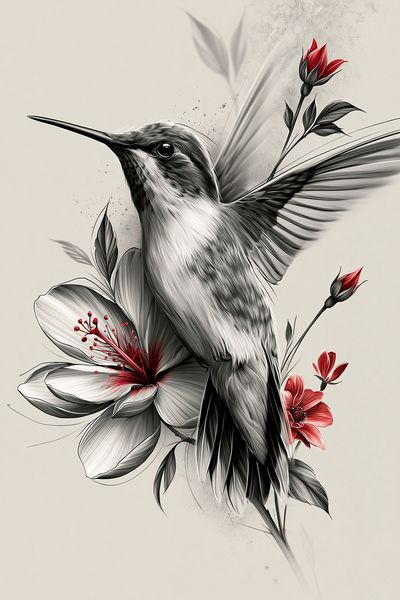Hummingbird and Hibiscus Illustration Poster.