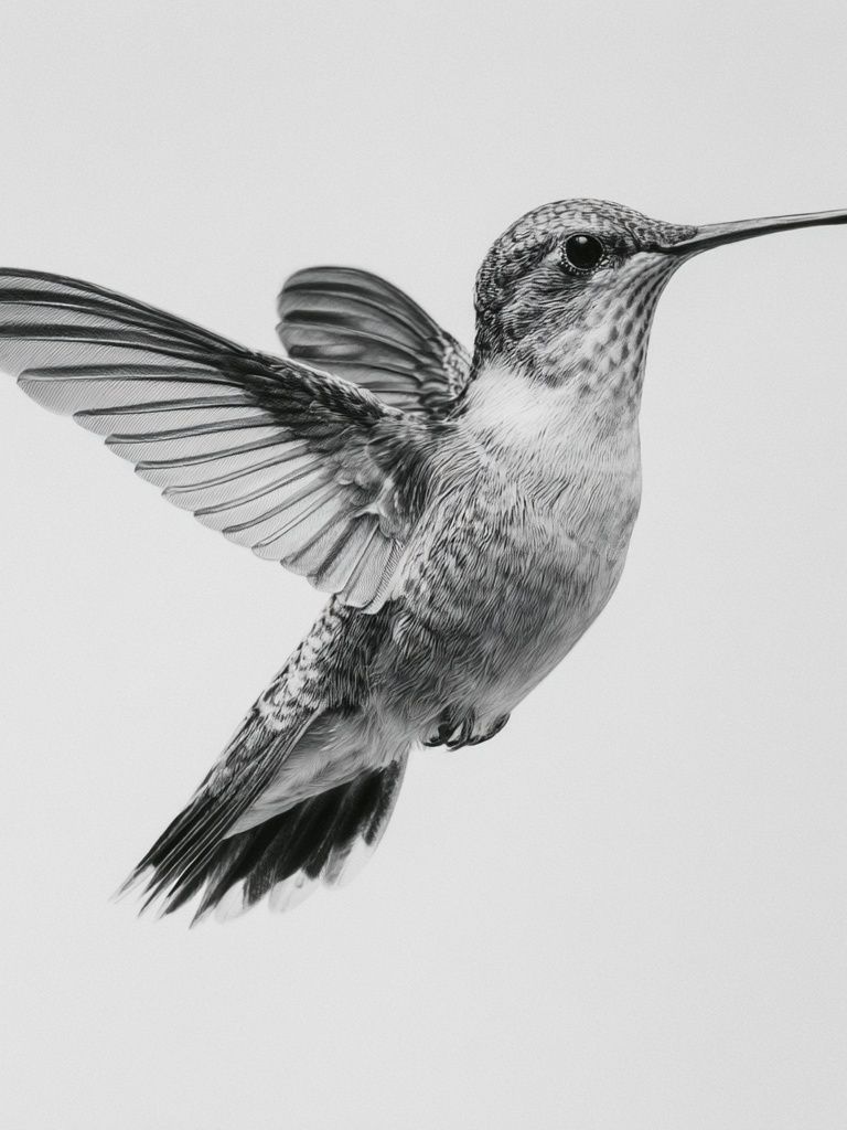 Hummingbird in Flight Black-White Print. poster — animals art