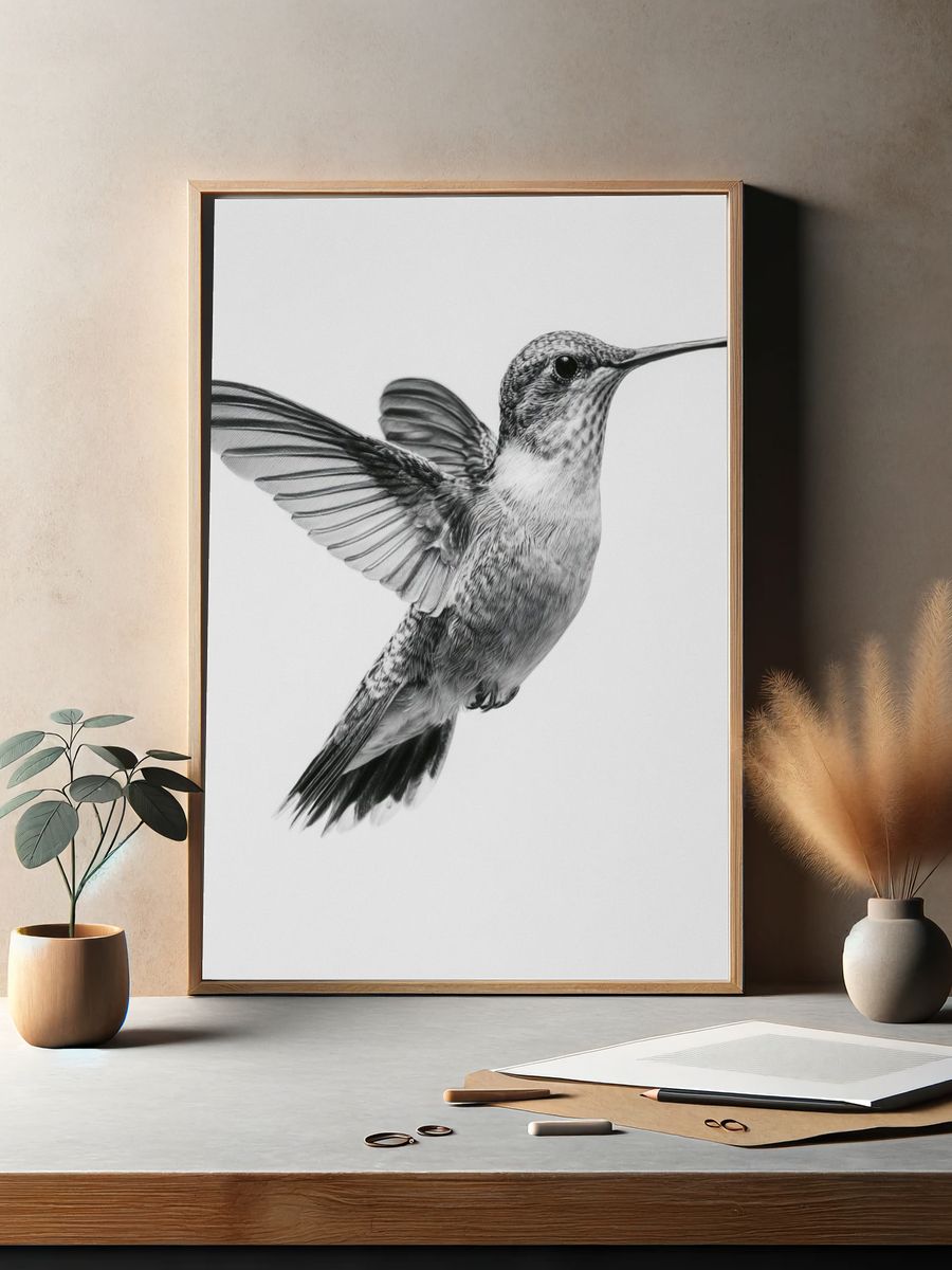 Hummingbird in Flight Black-White Print. — room view 2