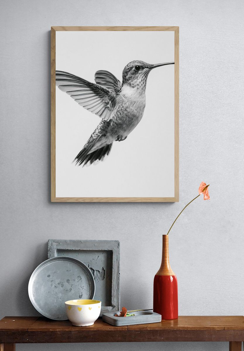 Hummingbird in Flight Black-White Print. — room view 3