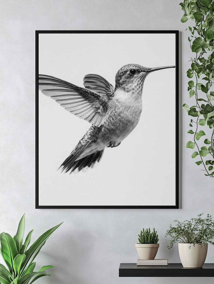 Hummingbird in Flight Black-White Print. — room view 4