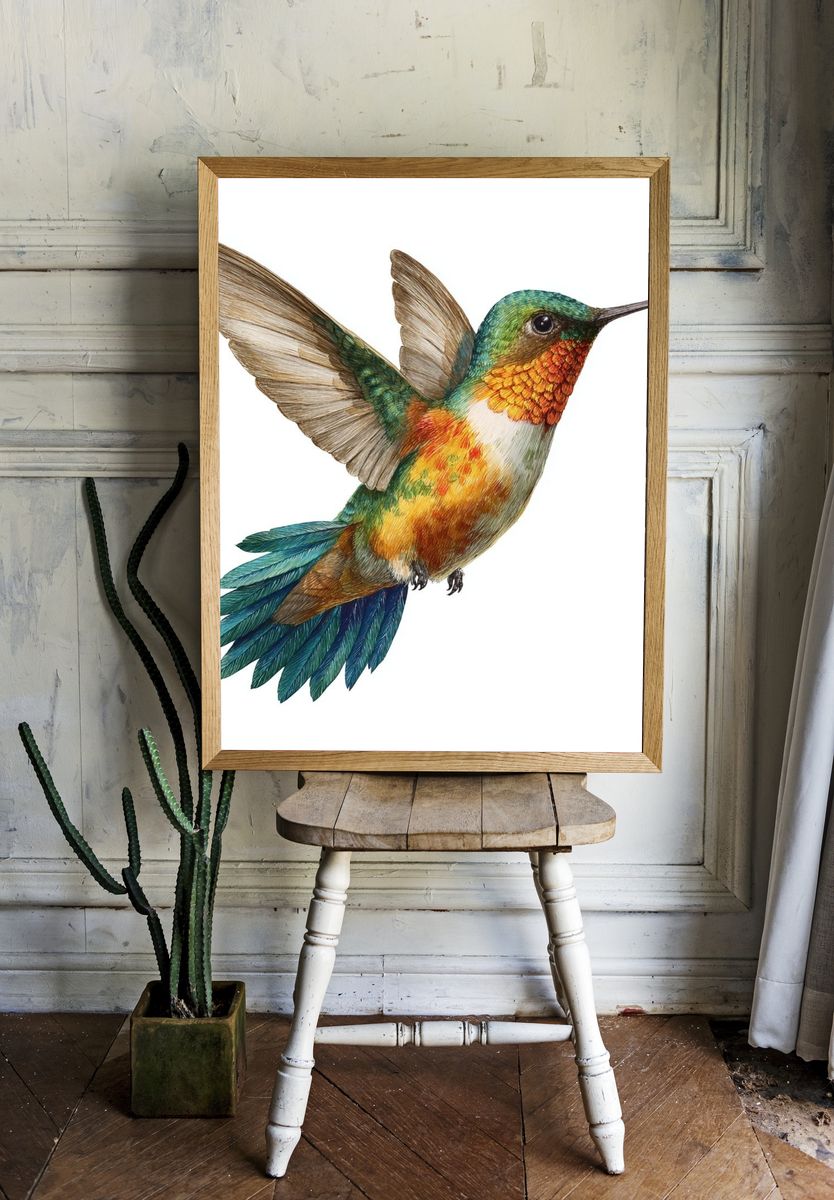 Colorful Hummingbird Illustration Poster. — room view 1