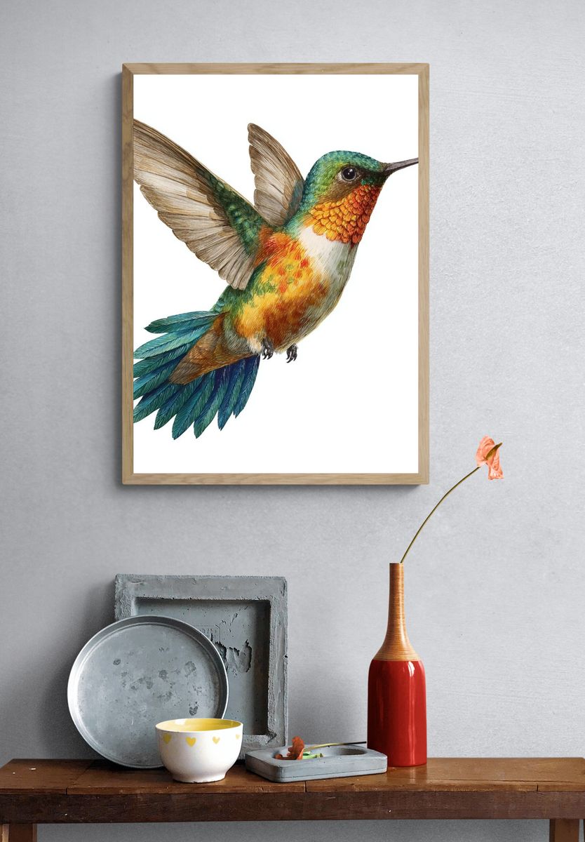 Colorful Hummingbird Illustration Poster. — room view 3