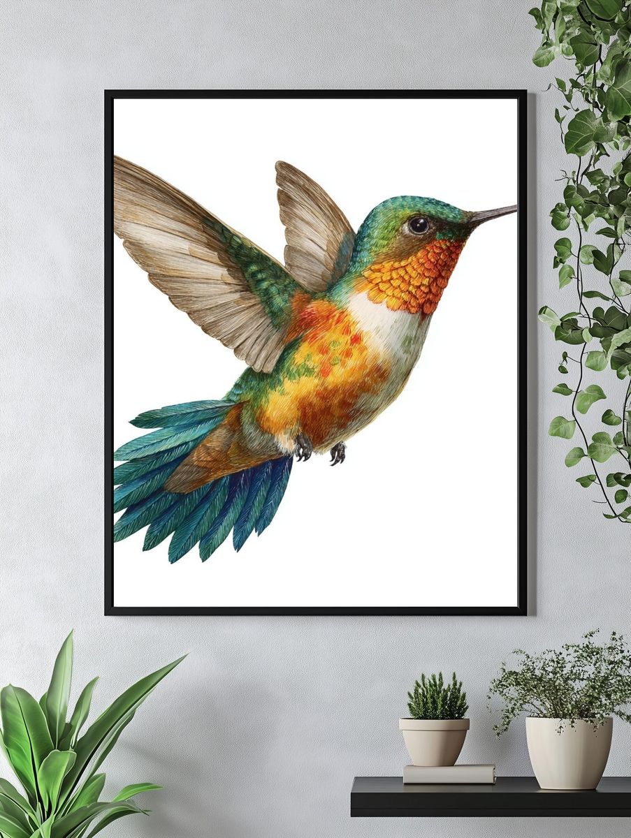 Colorful Hummingbird Illustration Poster. — room view 4