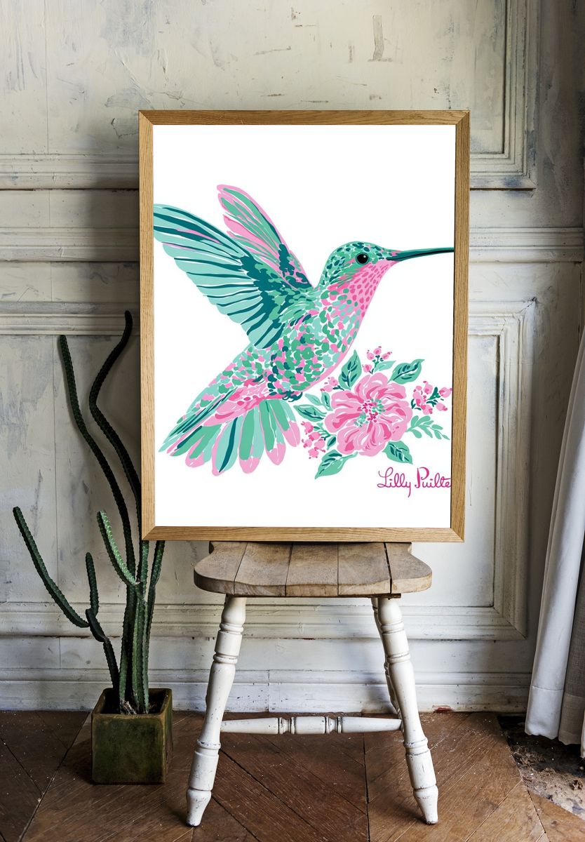 Hummingbird Floral Illustration Poster. — room view 1