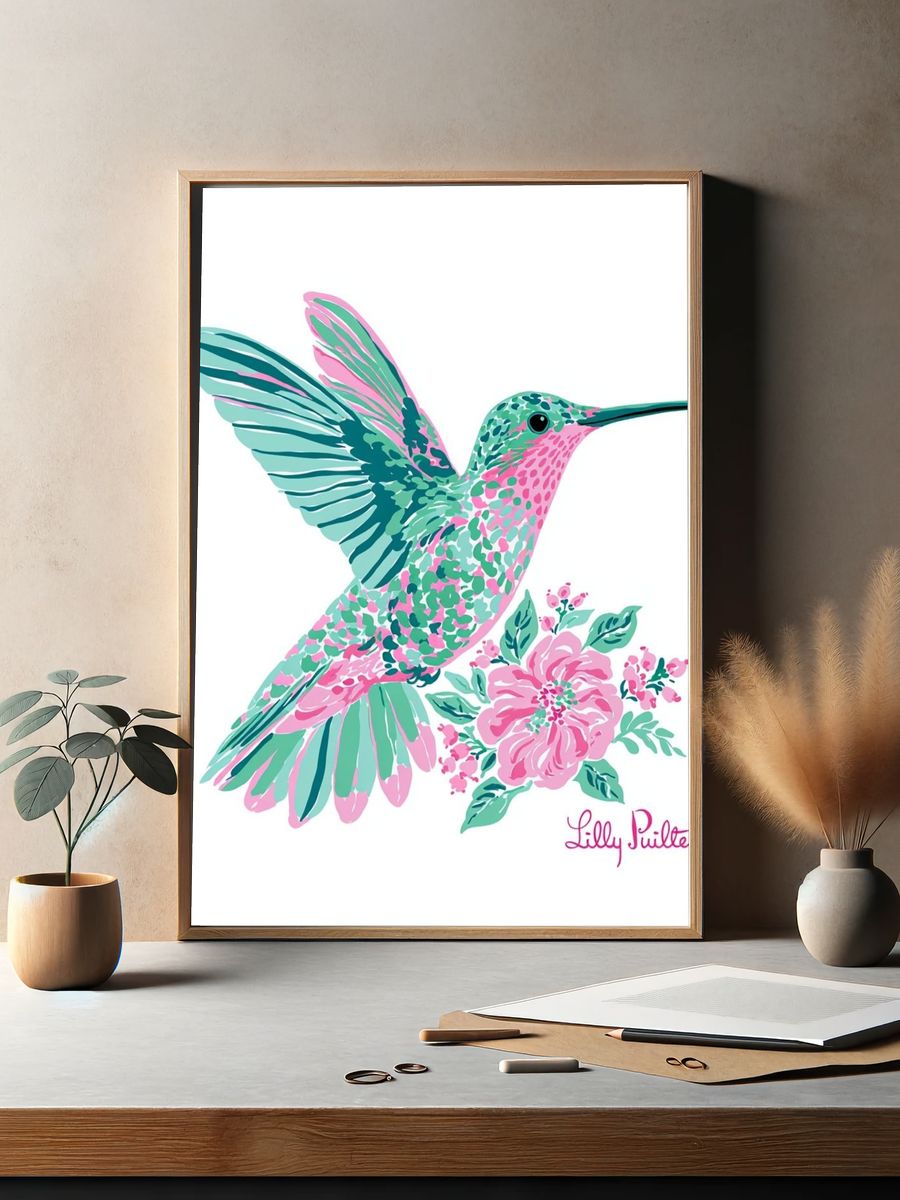 Hummingbird Floral Illustration Poster. — room view 2