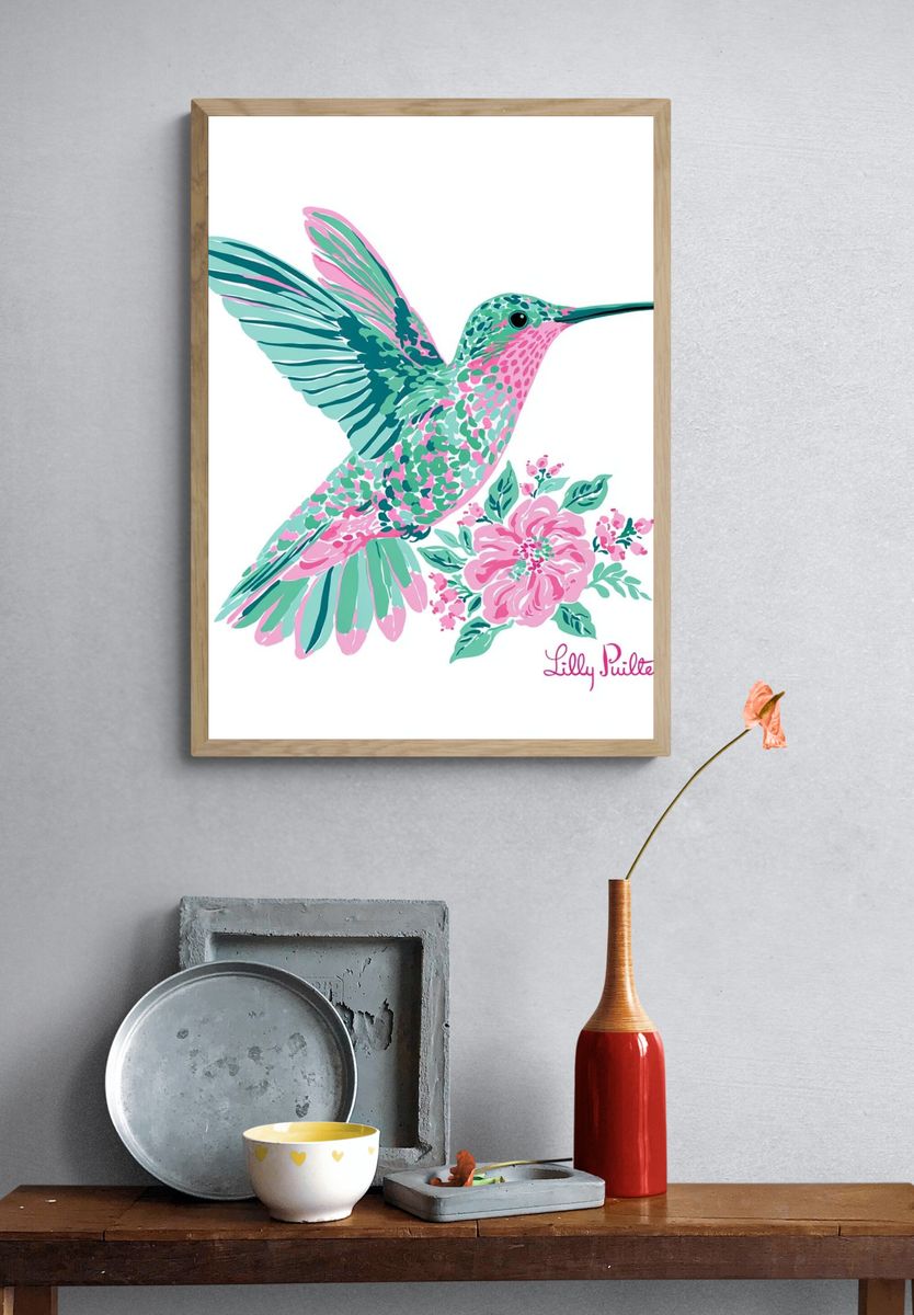 Hummingbird Floral Illustration Poster. — room view 3