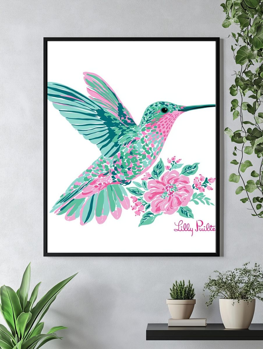 Hummingbird Floral Illustration Poster. — room view 4