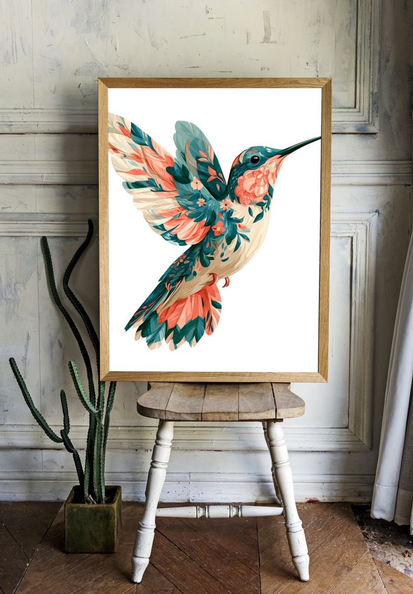 Floral Hummingbird Illustration Poster. — room view 1