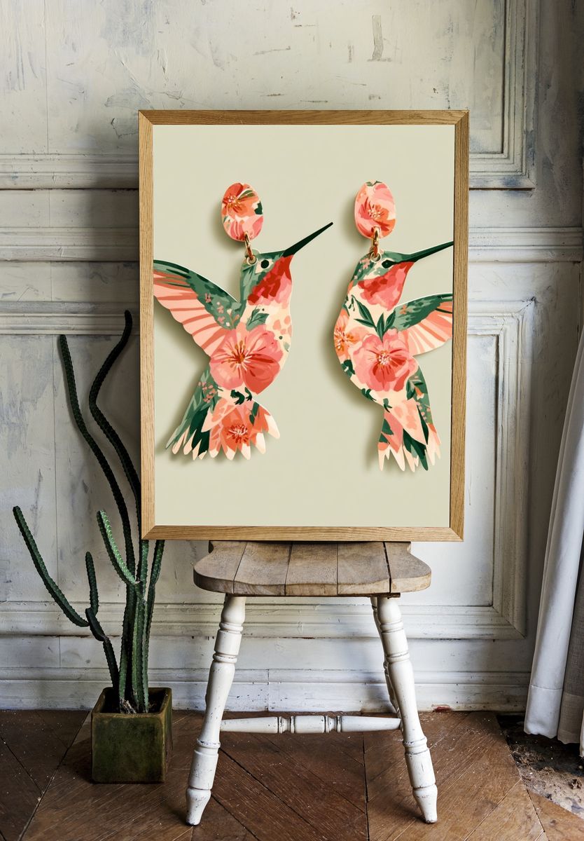 Floral Hummingbirds Illustration Poster. room preview
