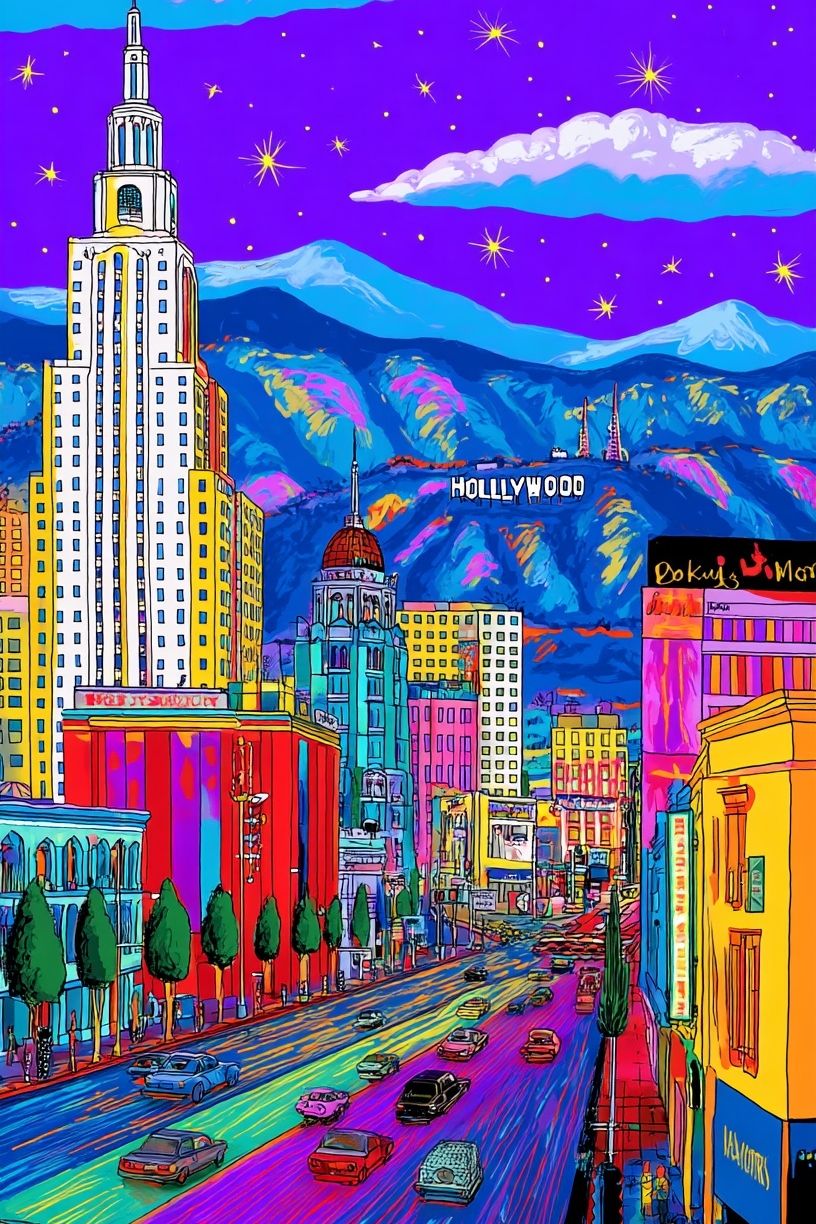 Vibrant Hollywood Cityscape Poster. poster — illustration art