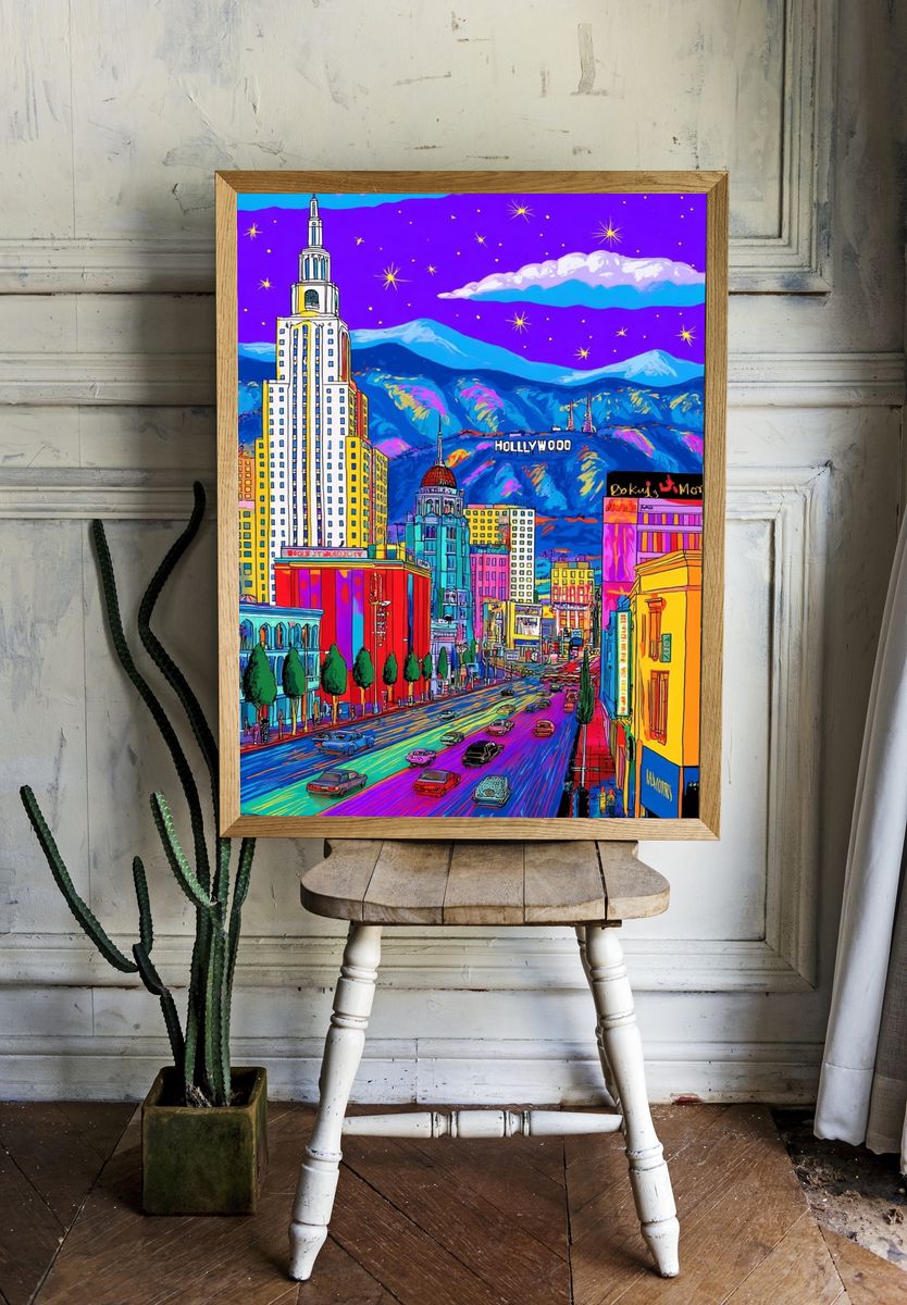 Vibrant Hollywood Cityscape Poster. — room view 1