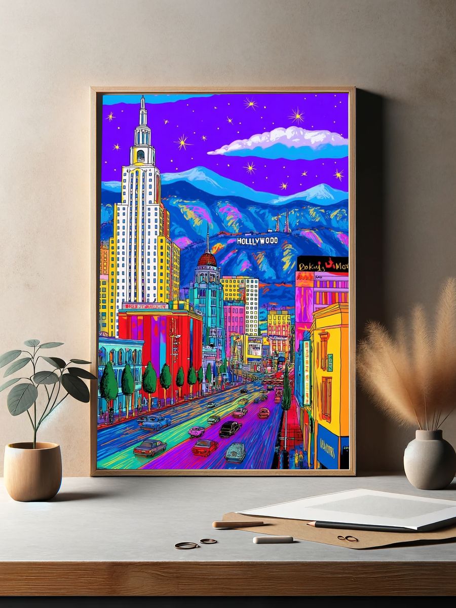 Vibrant Hollywood Cityscape Poster. — room view 2