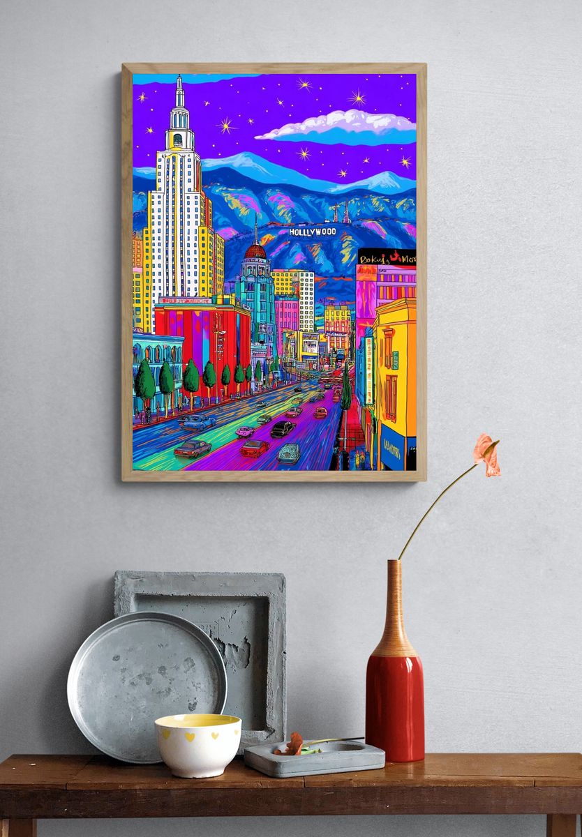Vibrant Hollywood Cityscape Poster. — room view 3