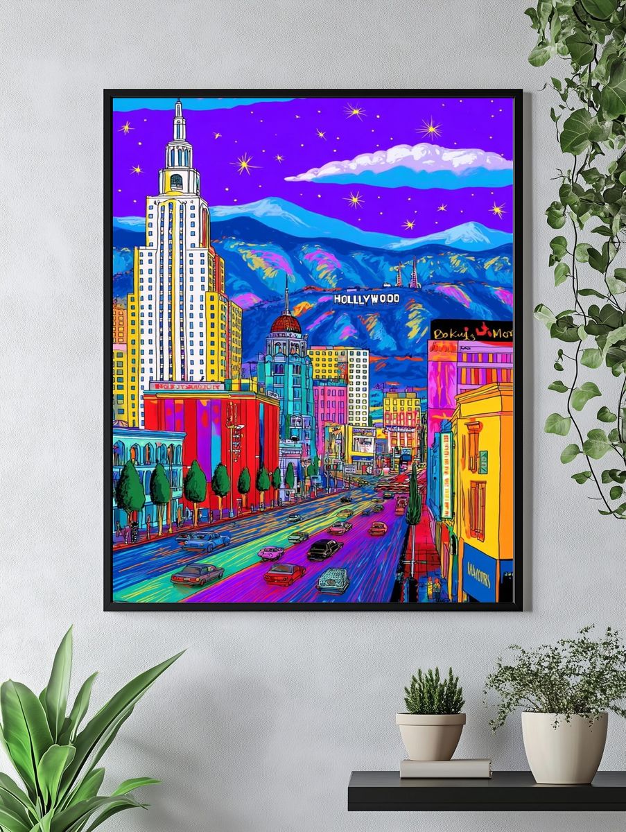 Vibrant Hollywood Cityscape Poster. — room view 4