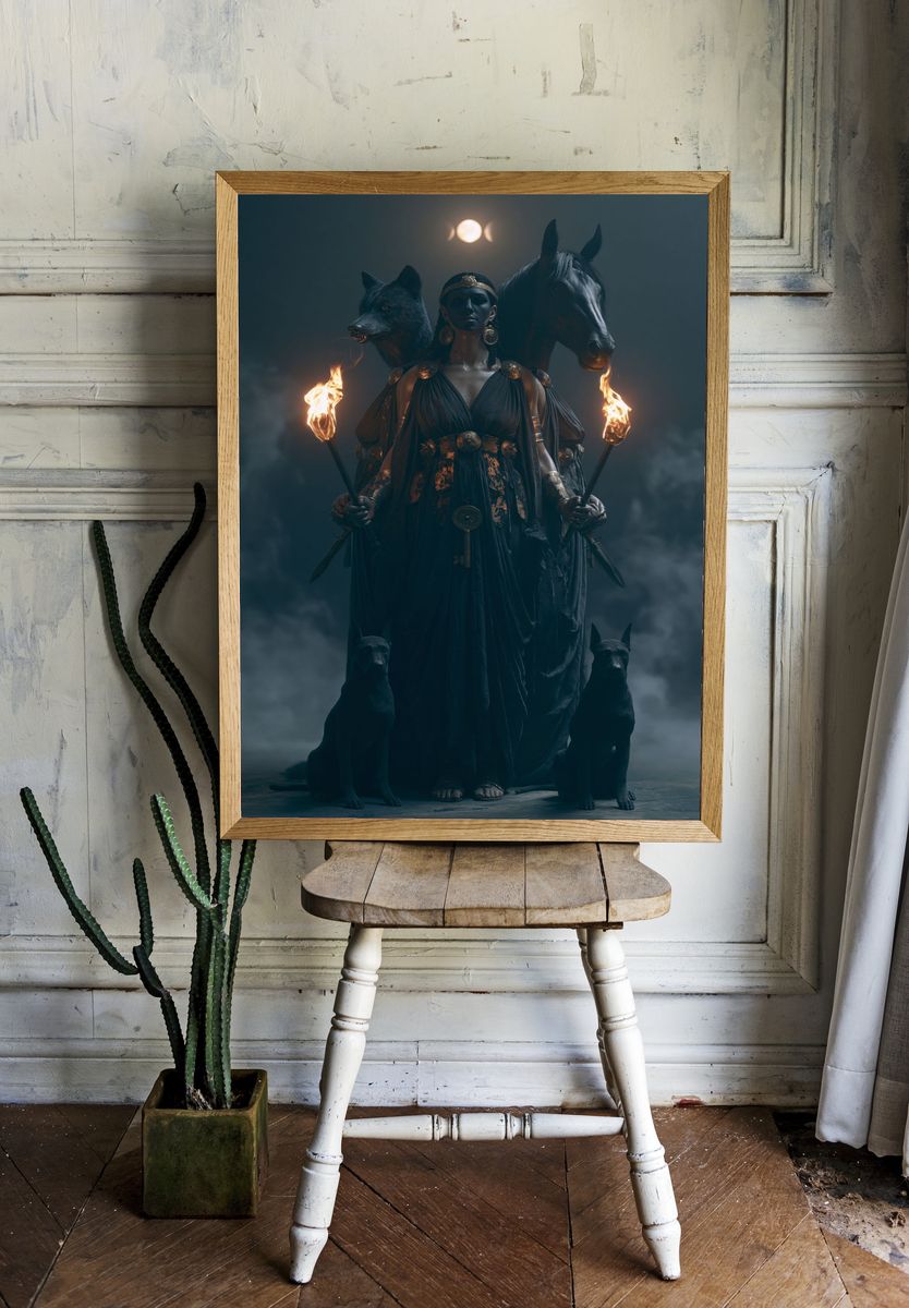 Hecate and Wolves Dark Fantasy Poster. room preview